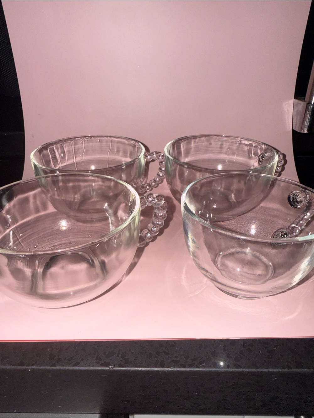 Vintage Set 4 Clear Glass Cups Beaded Handles Bubble 3.5" D & 2 1/8"H
